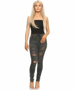 Enzo Womens Skinny Stretch Ripped Denim Jeans - Grey