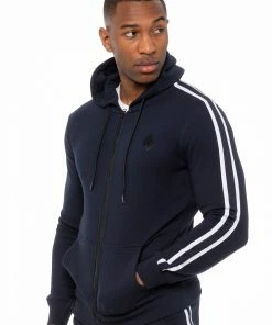 Enzo Men's Zip Up Hoodie With Tape - Navy