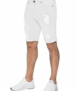 Enzo Mens Ripped Skinny Shorts - White