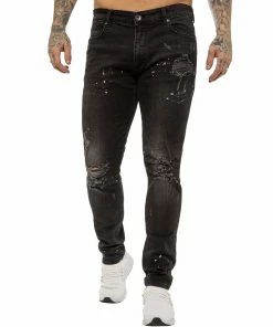 ENZO MENS SKINNY RIPPED SPLASHED JEANS - Black