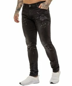 ENZO MENS SKINNY RIPPED SPLASHED JEANS - Black -Cheap Enzo Sales Shop ENZO0182
