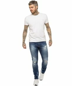 ENZO MENS SKINNY RIPPED SPLASHED JEANS - Blue -Cheap Enzo Sales Shop ENZO0193