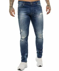 ENZO MENS SKINNY RIPPED SPLASHED JEANS - Blue