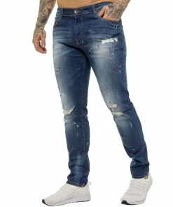 ENZO MENS SKINNY RIPPED SPLASHED JEANS - Blue -Cheap Enzo Sales Shop ENZO0196