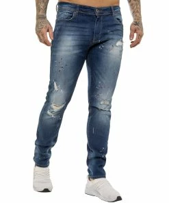 ENZO MENS SKINNY RIPPED SPLASHED JEANS - Blue -Cheap Enzo Sales Shop ENZO0199