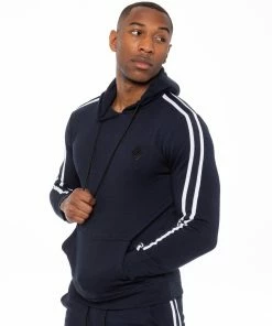 Enzo Mens Pullover Striped Hoodie - Navy