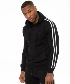 Enzo Mens Pullover Striped Hoodie - Black