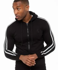 Enzo Men's Zip Up Hoodie With Tape - Black