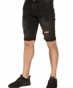 Enzo Mens Ripped Skinny Shorts - Black