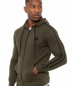Enzo Men's Zip Up Hoodie With Tape - Khaki