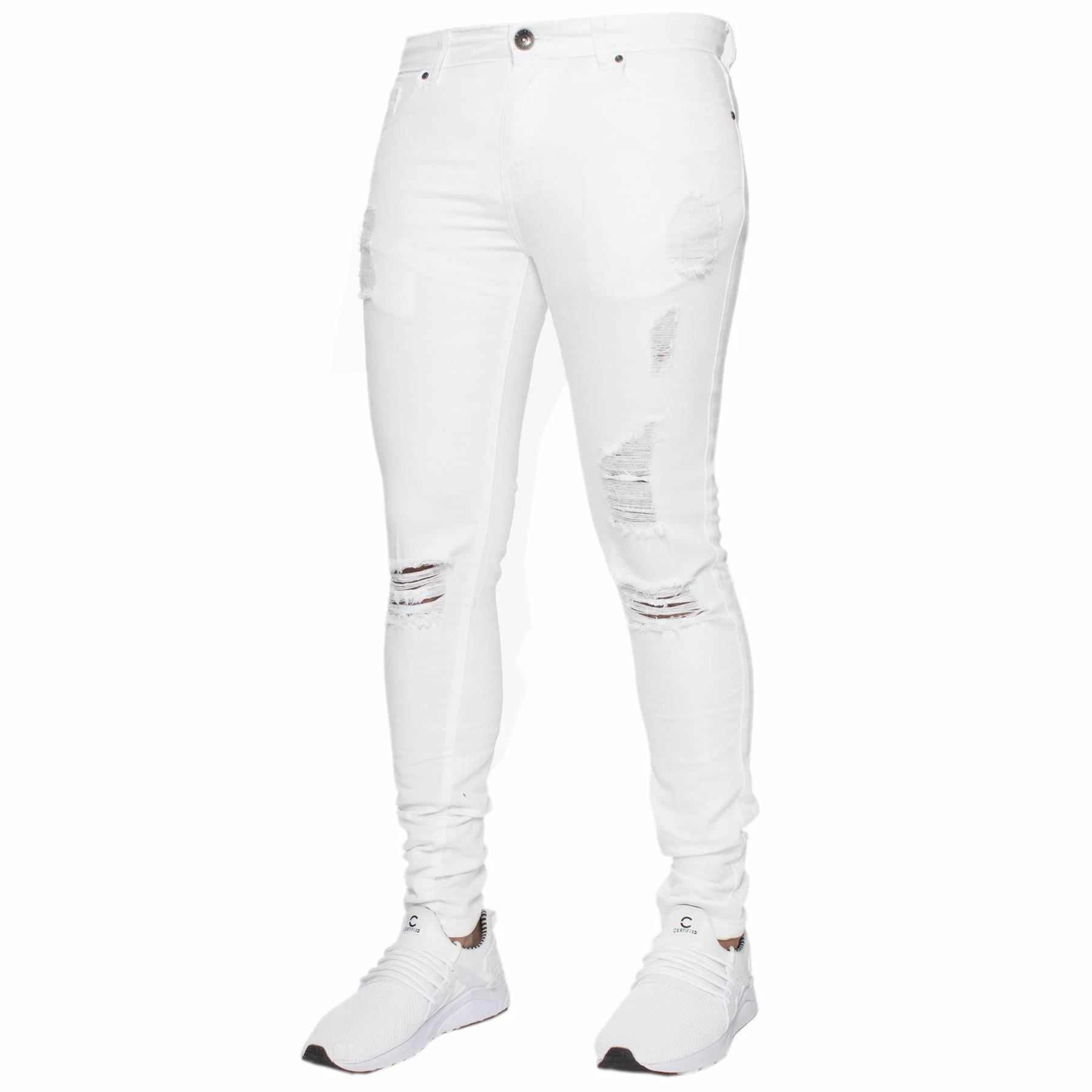 Enzo Mens Skinny Ripped Jeans - White 3 Enzo Mens Skinny Ripped Jeans - White