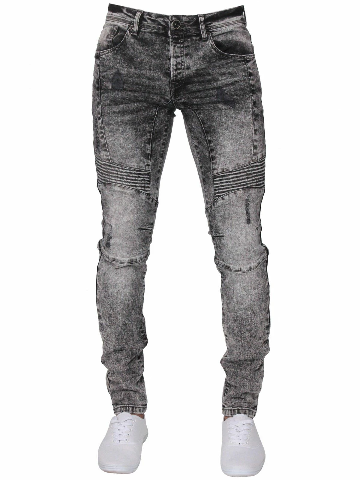 Enzo Men's Super Skinny Stretch Biker Denim Jeans - Grey 3 Enzo Men's Super Skinny Stretch Biker Denim Jeans - Grey