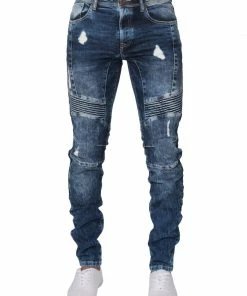 Enzo Men's Super Skinny Stretch Biker Denim Jeans - Blue